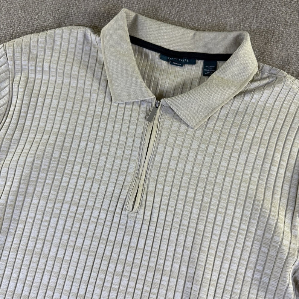 Perry Ellis Mens XXL 1/4 Zip Ribbed Polo Shirt Beige Tan Stretch Short Sleeve